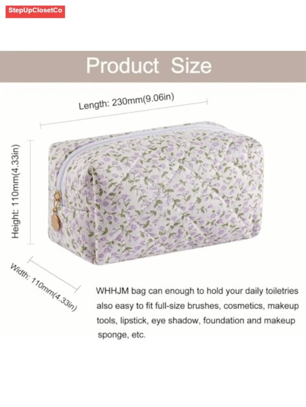 Quilted Cotton Floral Cosmetic Bag Small Travel Toiletry Pouch